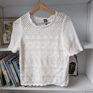 Y2K Gap Women's Top Open Knit Short Sleeve White Boho Cottagecore Hippy Cotton